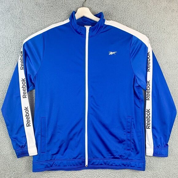 Reebok Track Jacket Mens Extra Large Blue Windbreaker Run Gym Spell Out Full Zip - Picture 1 of 11